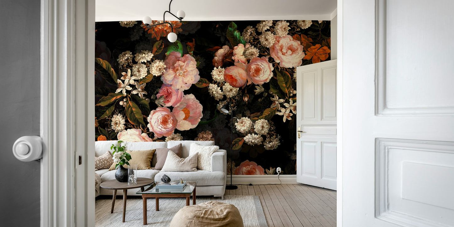 The image shows a full wall with several large flowers on a dark, moody background.

