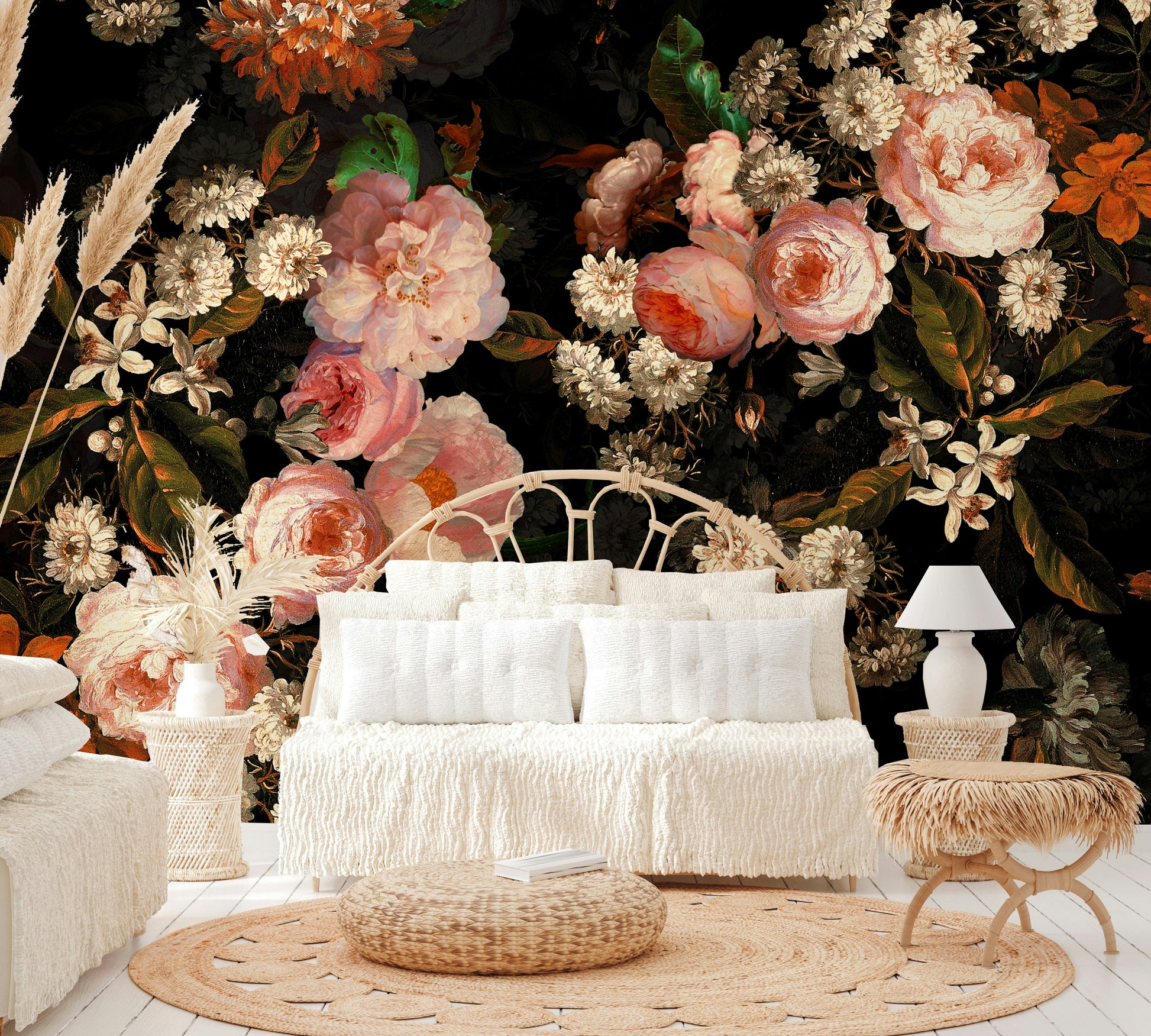 A wall mural featuring a bold, artistic floral pattern.

