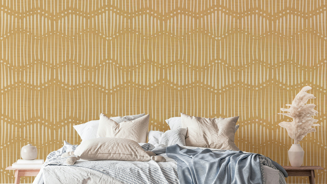 The image shows a full wall with a repeating design of gentle, wavy lines.

