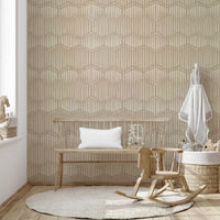The image shows a full wall with a repeating design of gentle, wavy lines.

