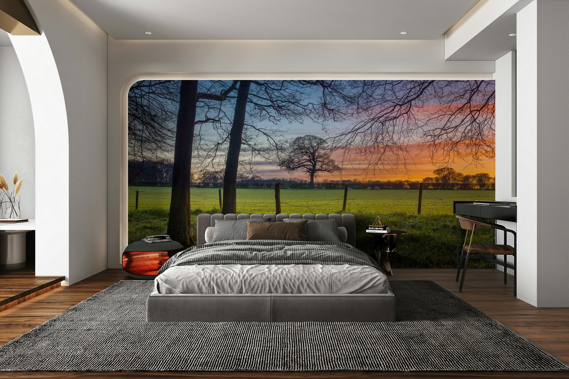 The mural extends across the entire wall, creating a clean backdrop.

