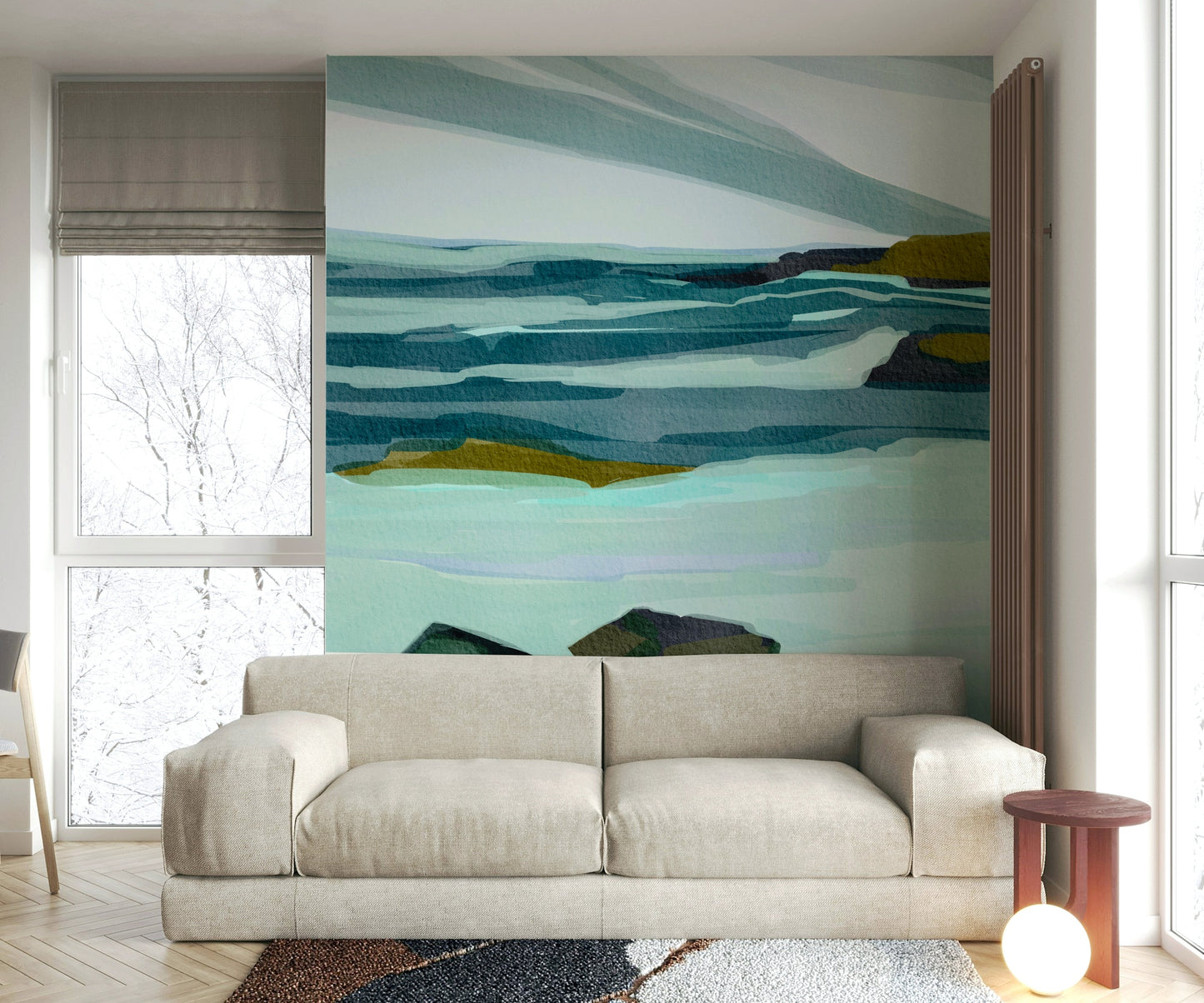 The room's lighting highlights the serene, quiet feel of the mural.

