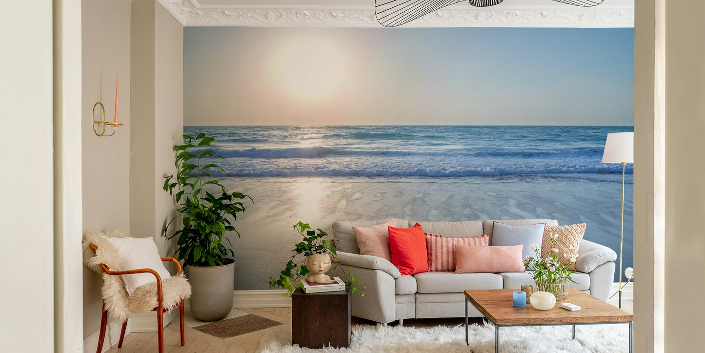 A wall mural featuring a peaceful, natural ocean scene.

