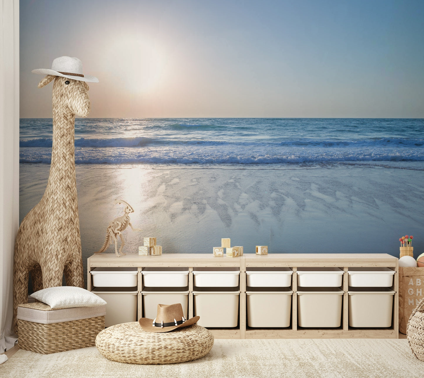 The mural is installed in a calm living room behind a simple, light-colored sofa.

