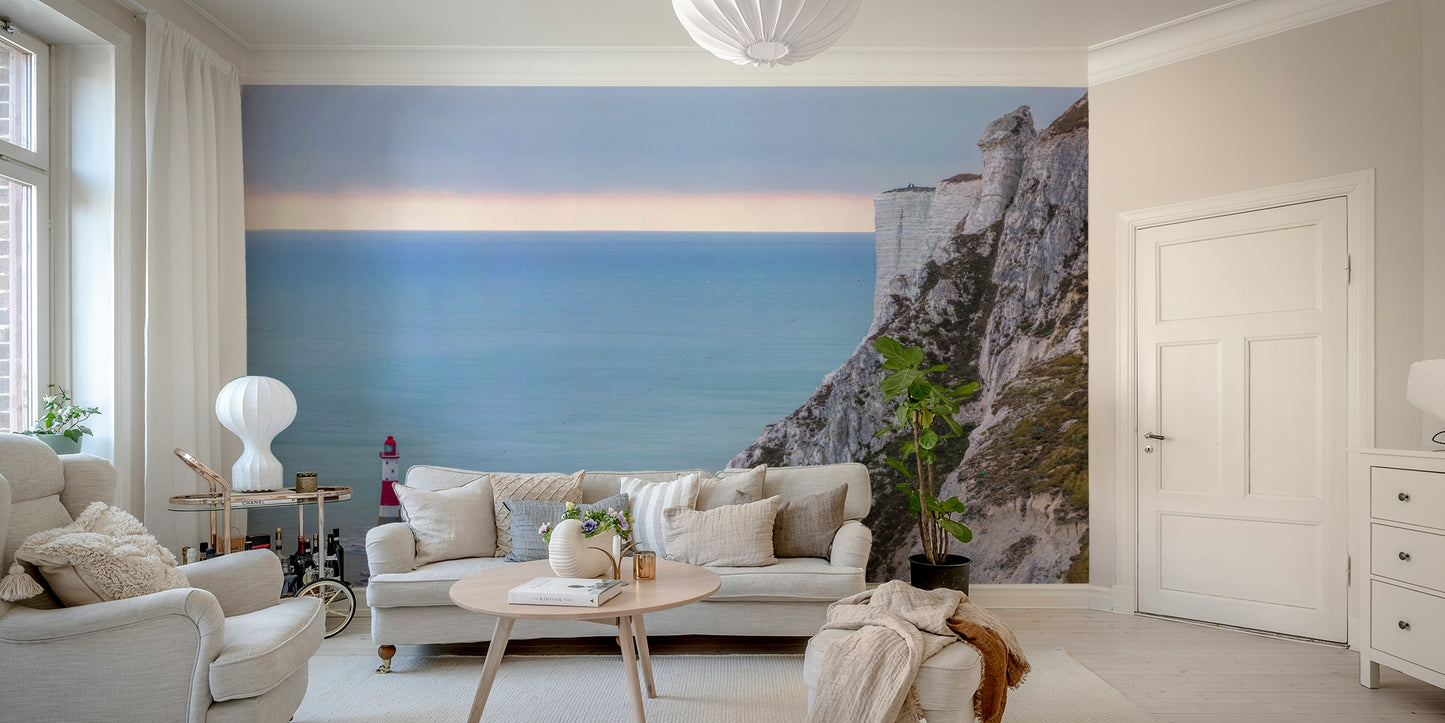 The room's lighting highlights the serene, quiet feel of the mural.

