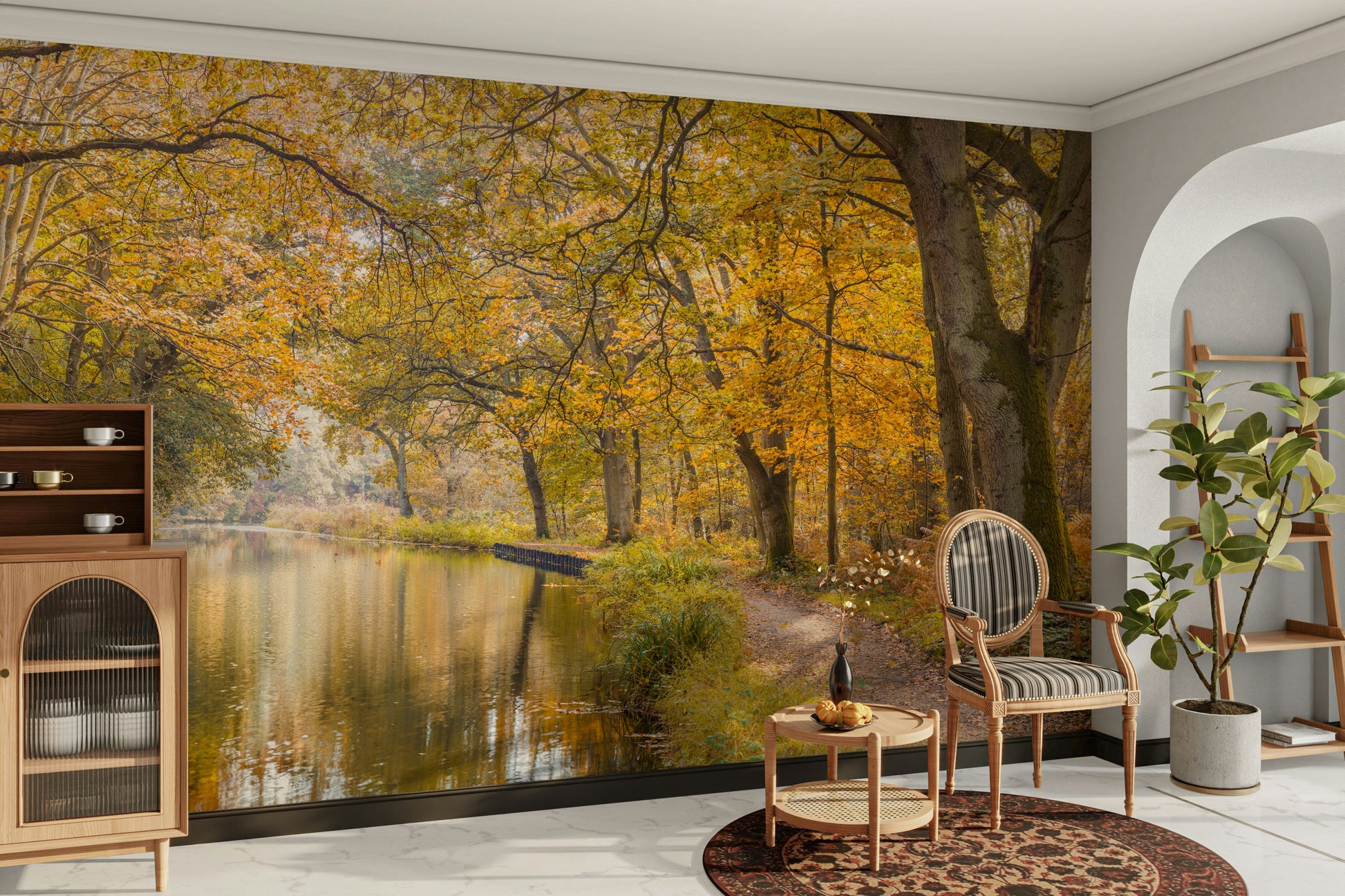 A close-up view shows the details of the fallen leaves and tree bark.

