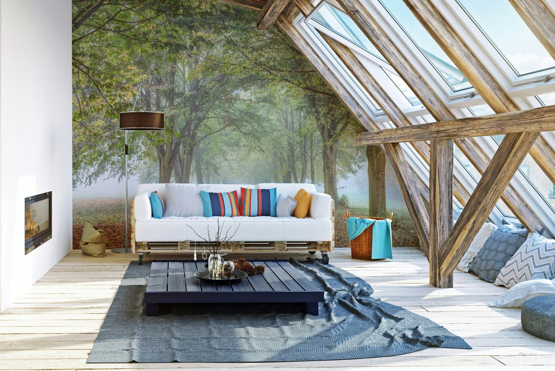 A wall mural featuring a peaceful, natural forest scene.

