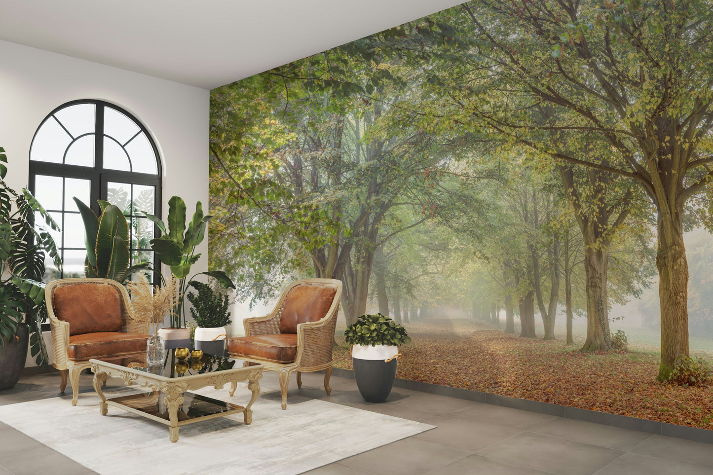 A close-up view shows the soft lines and details of the trees and plants.

