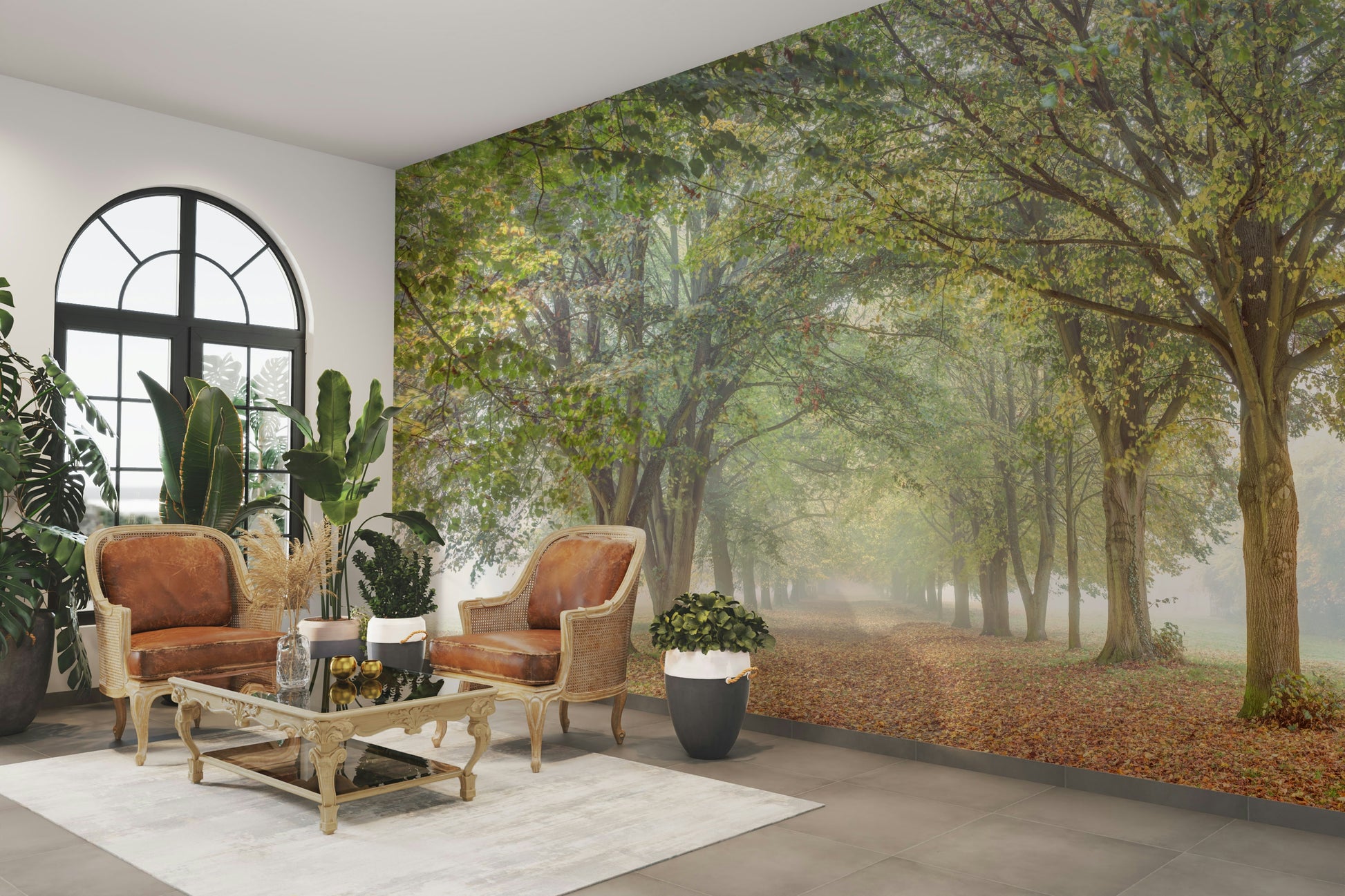 A close-up view shows the soft lines and details of the trees and plants.

