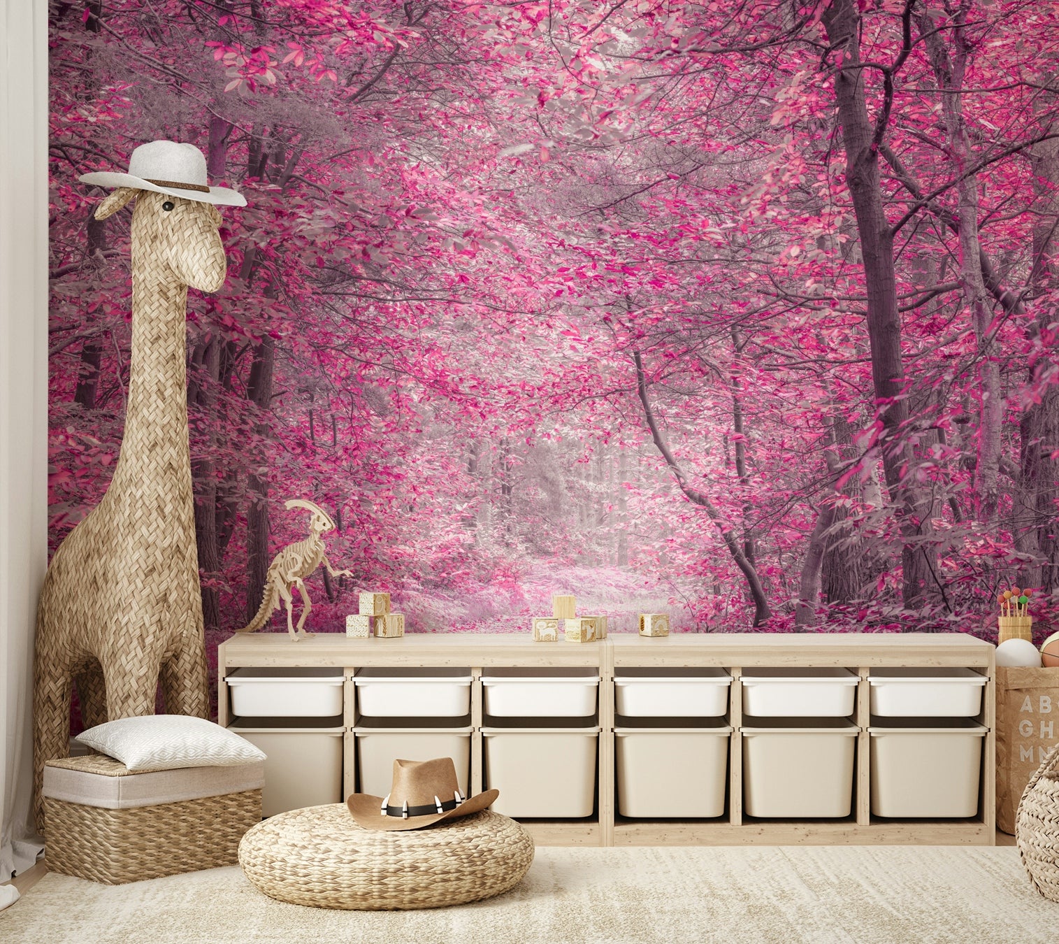 The overall color scheme is predominantly pink, purple, and white.
