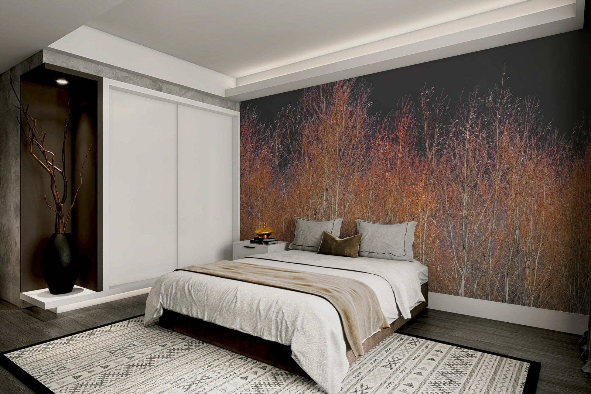 Tall trees with sparse leaves create a canopy against the sky.
