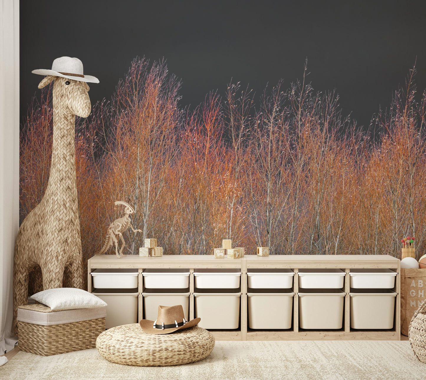 Golden light filters through the trees, casting long shadows.
