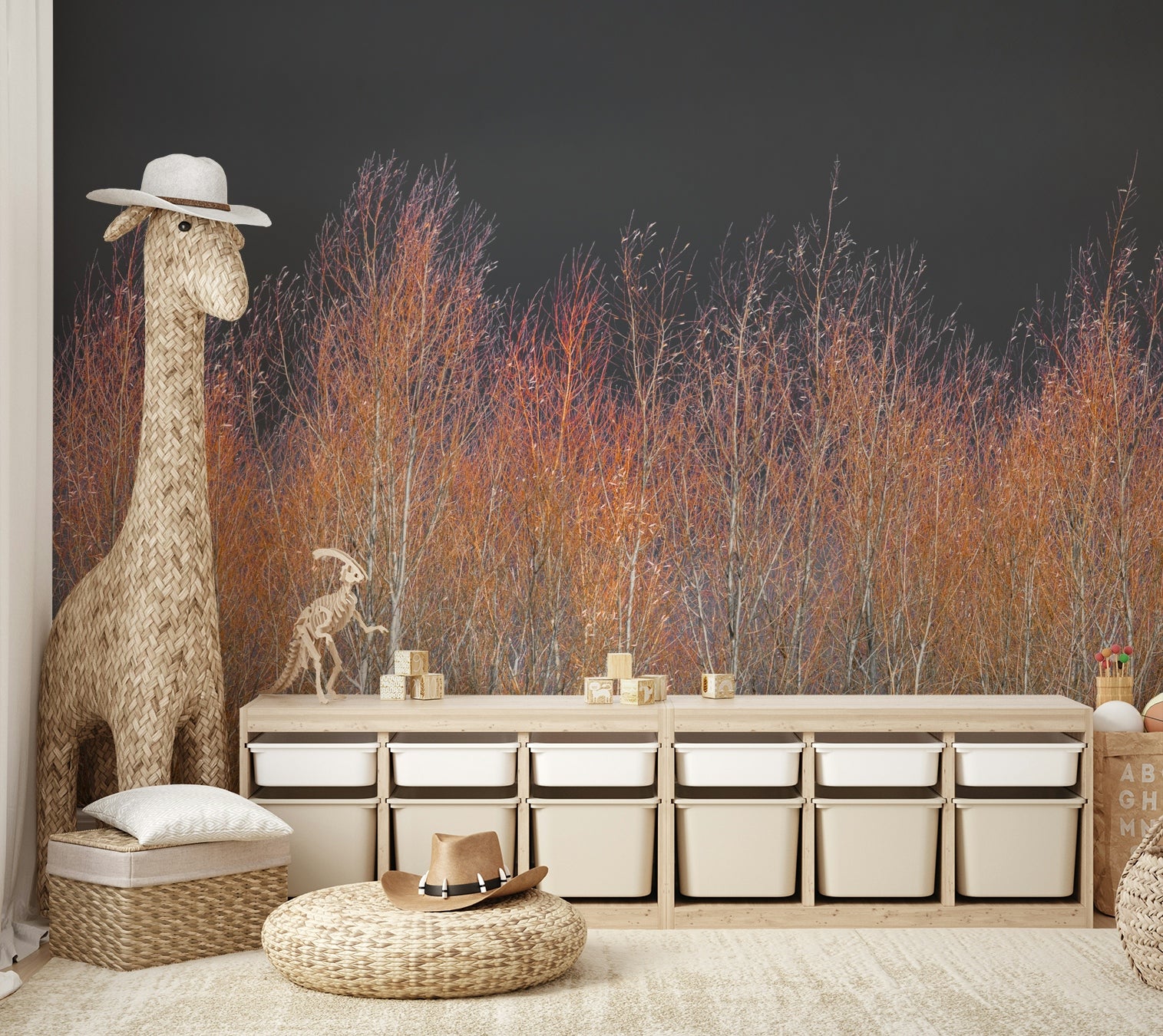 Golden light filters through the trees, casting long shadows.
