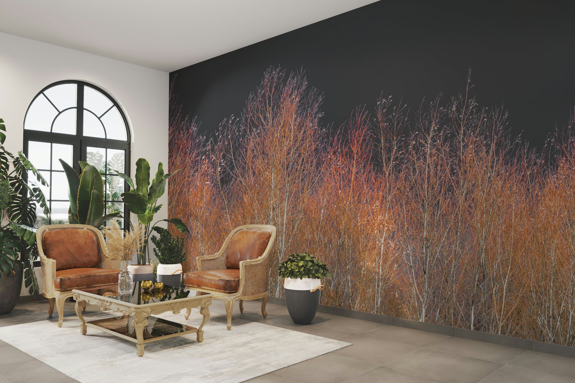 The lighting in the room is soft, complementing the mural's gentle glow.
