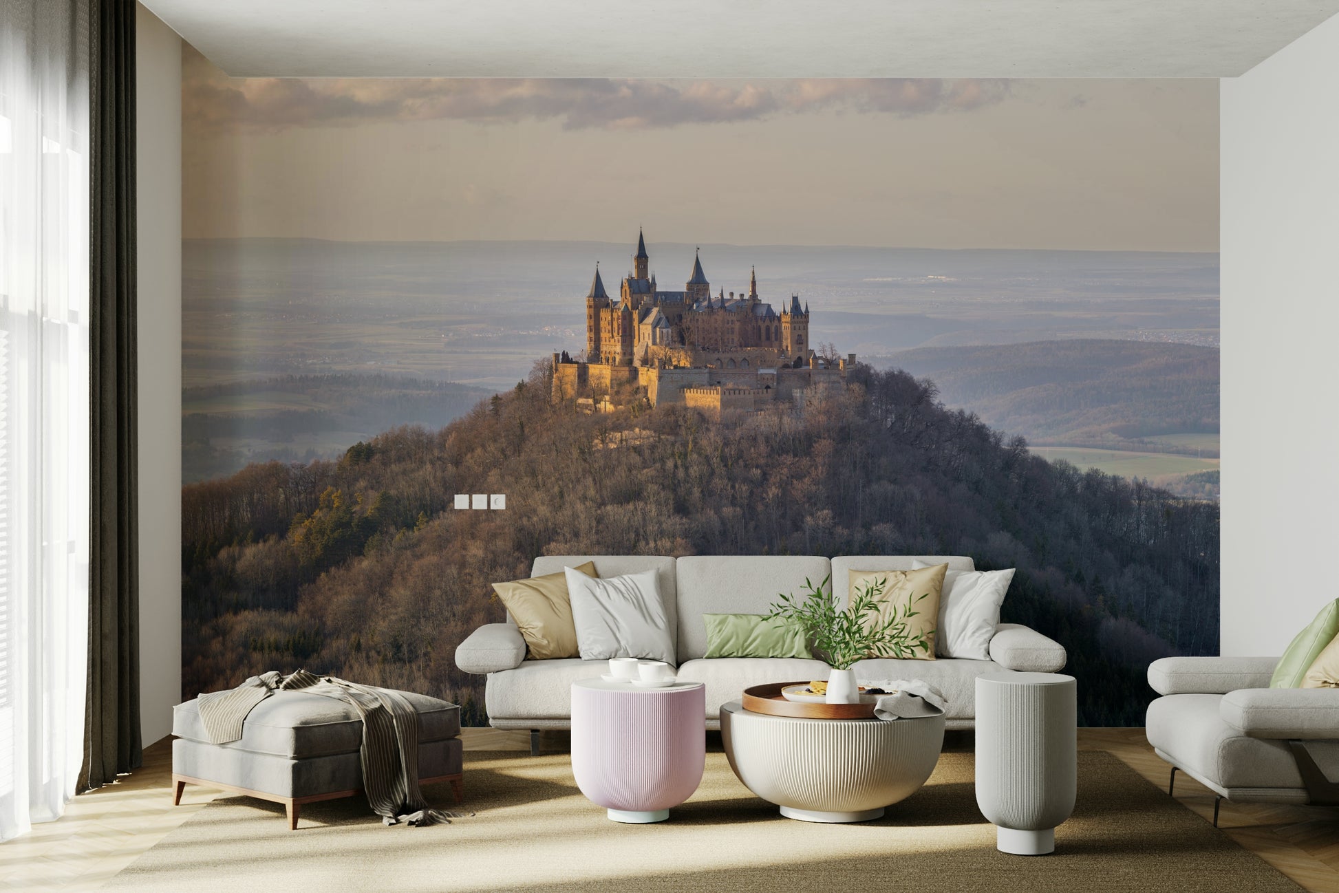 Towers and walls of the city are visible against a bright sky.
