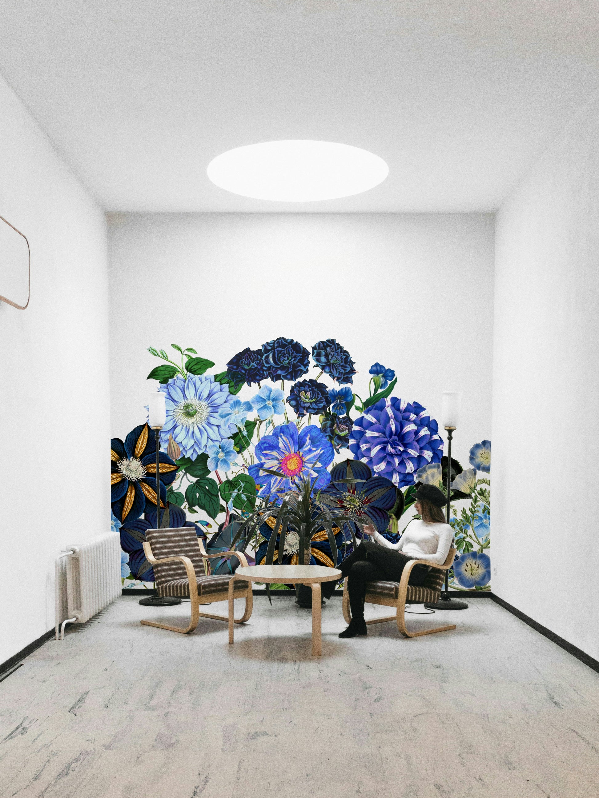 The background is a soft, light blue, almost a misty gray-blue.
