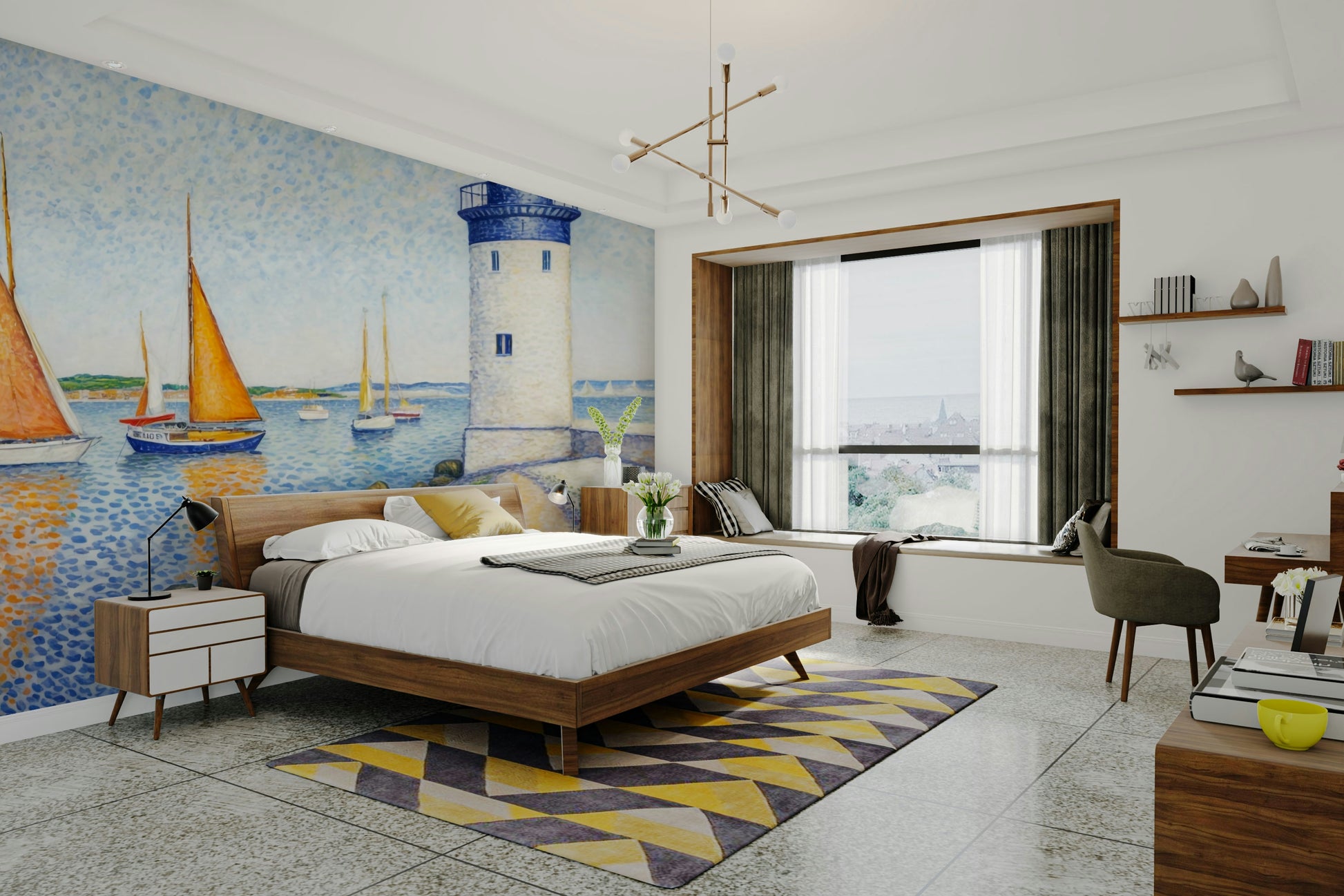 The wallpaper is perfect for a peaceful space.

