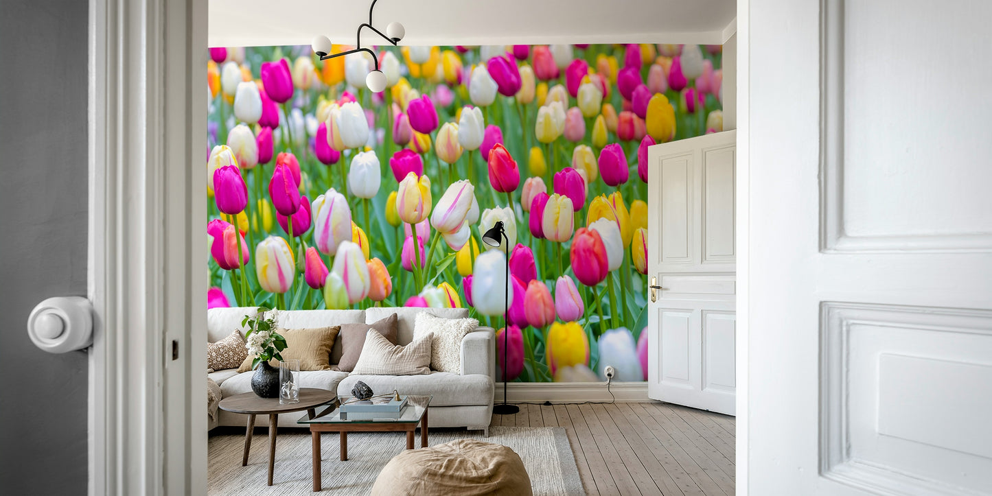 The mural shows a peaceful field of colorful tulips.

