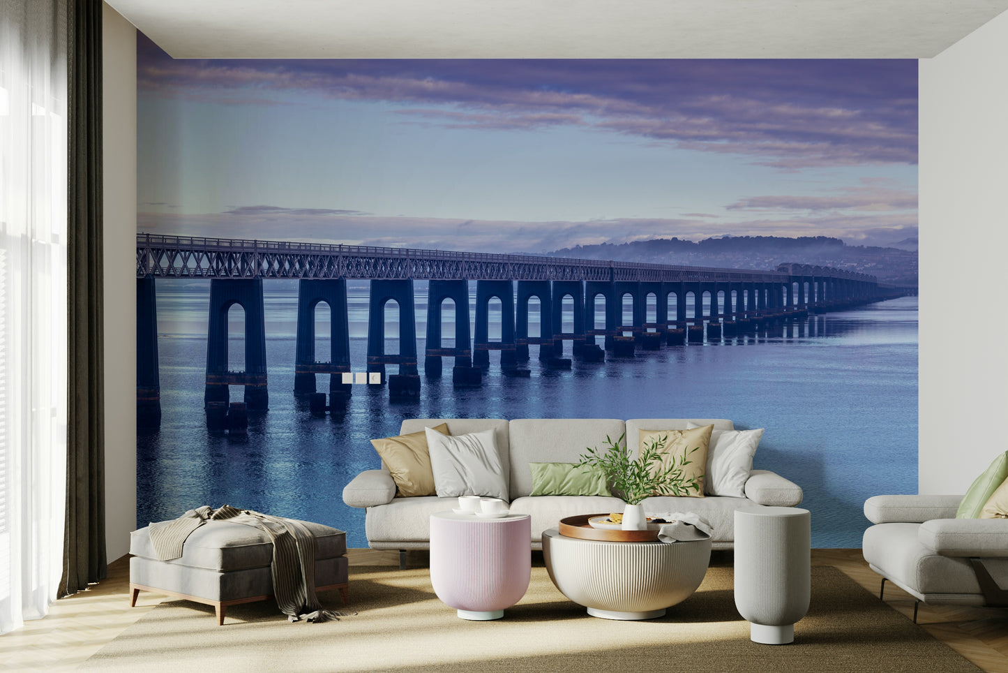 Wall mural of a serene coastline at sunrise.

