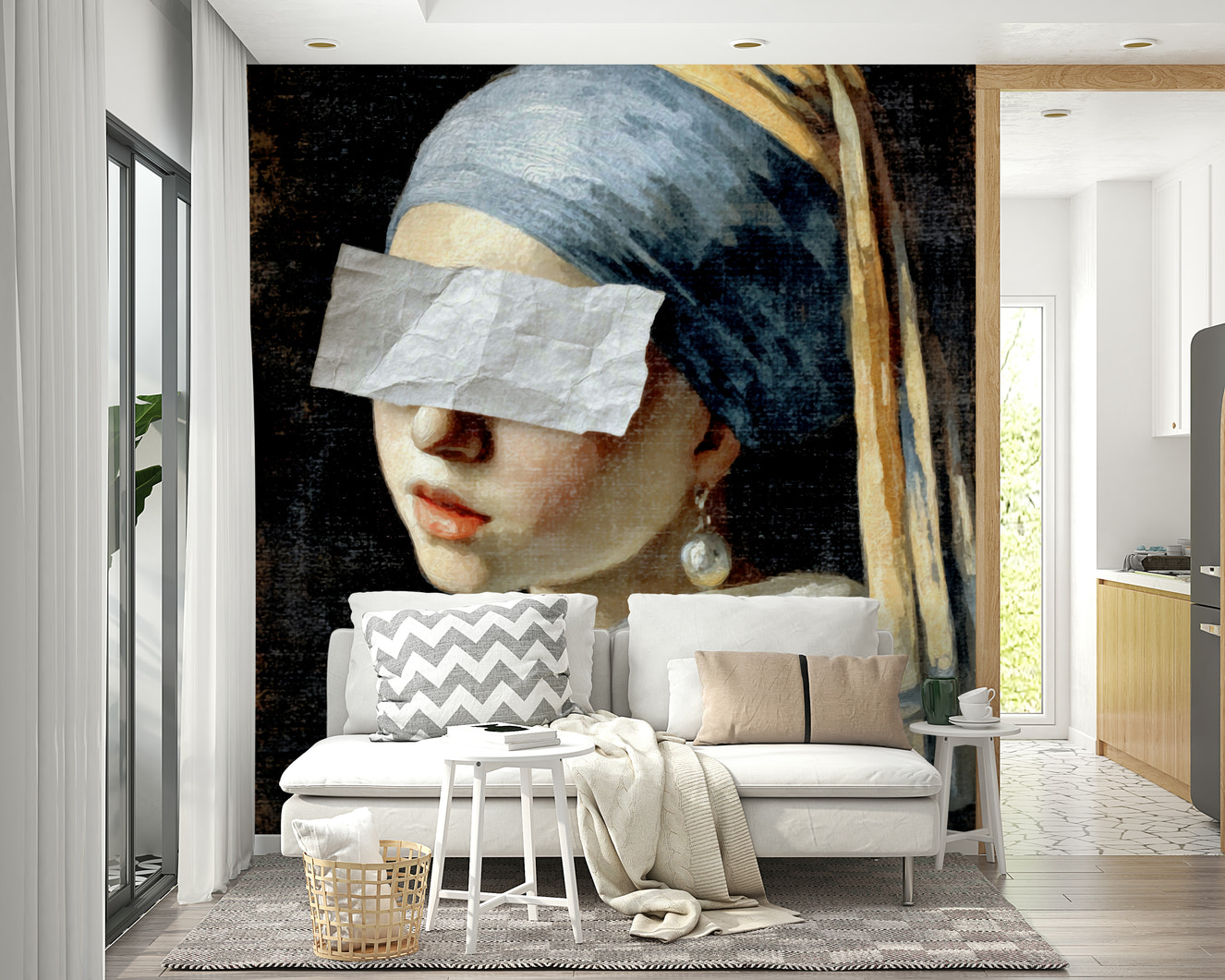 Wall mural of a modern, playful take on a classic painting.

