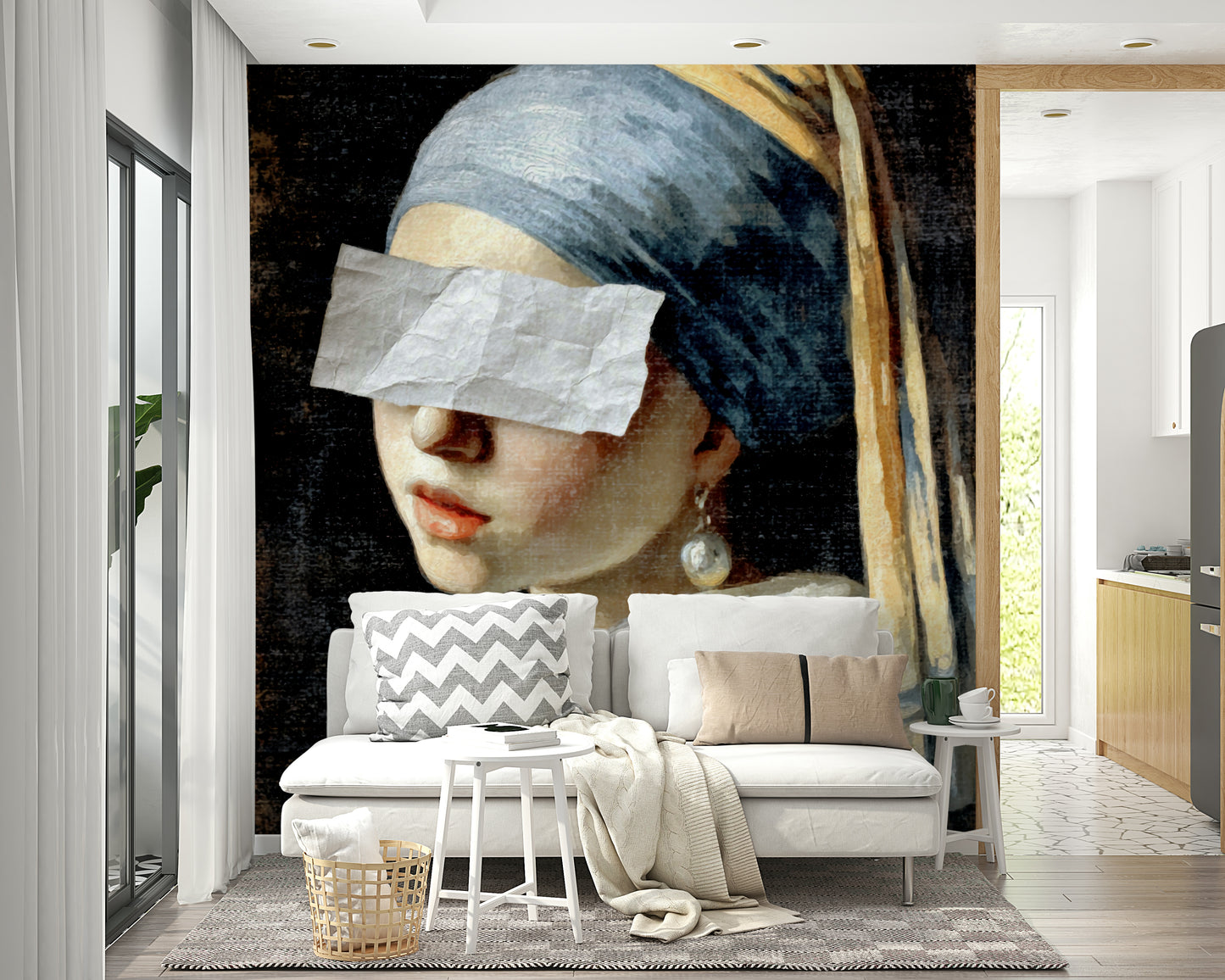 Wall mural of a modern, playful take on a classic painting.

