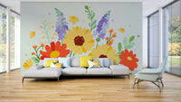The mural shows a peaceful garden scene with various flowers and plants.


