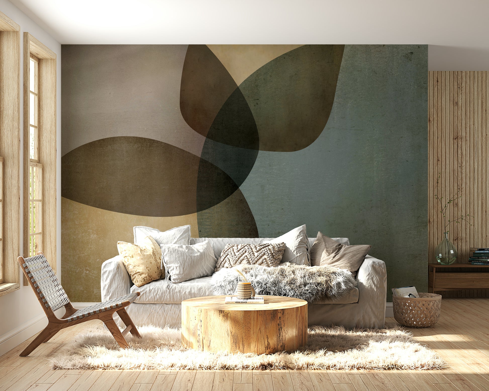 The wall art combines a nature theme with a modern aesthetic.

