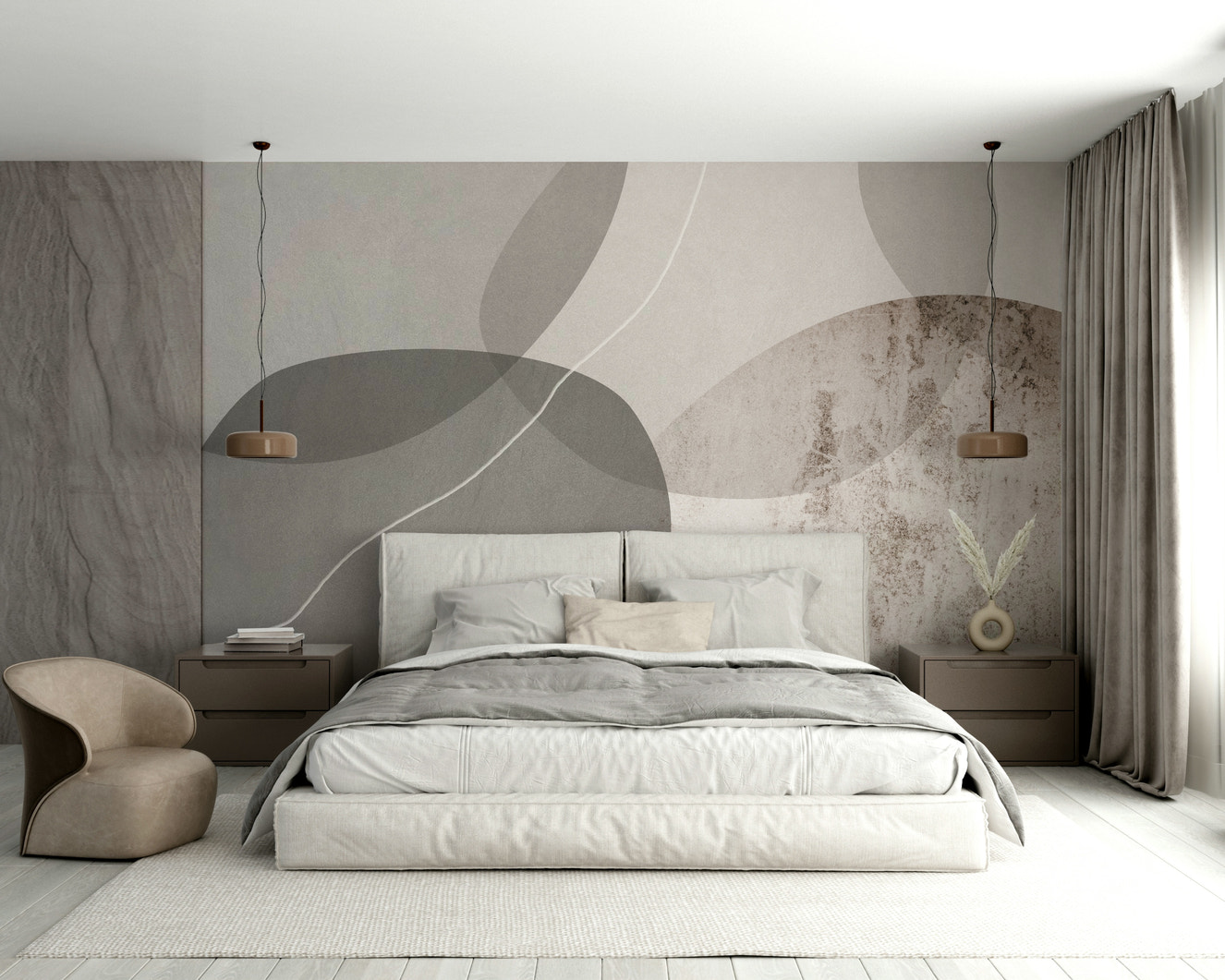 Wall mural with soft, neutral tones.

