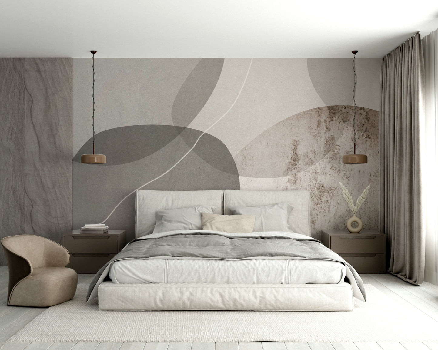 Wall mural with soft, neutral tones.

