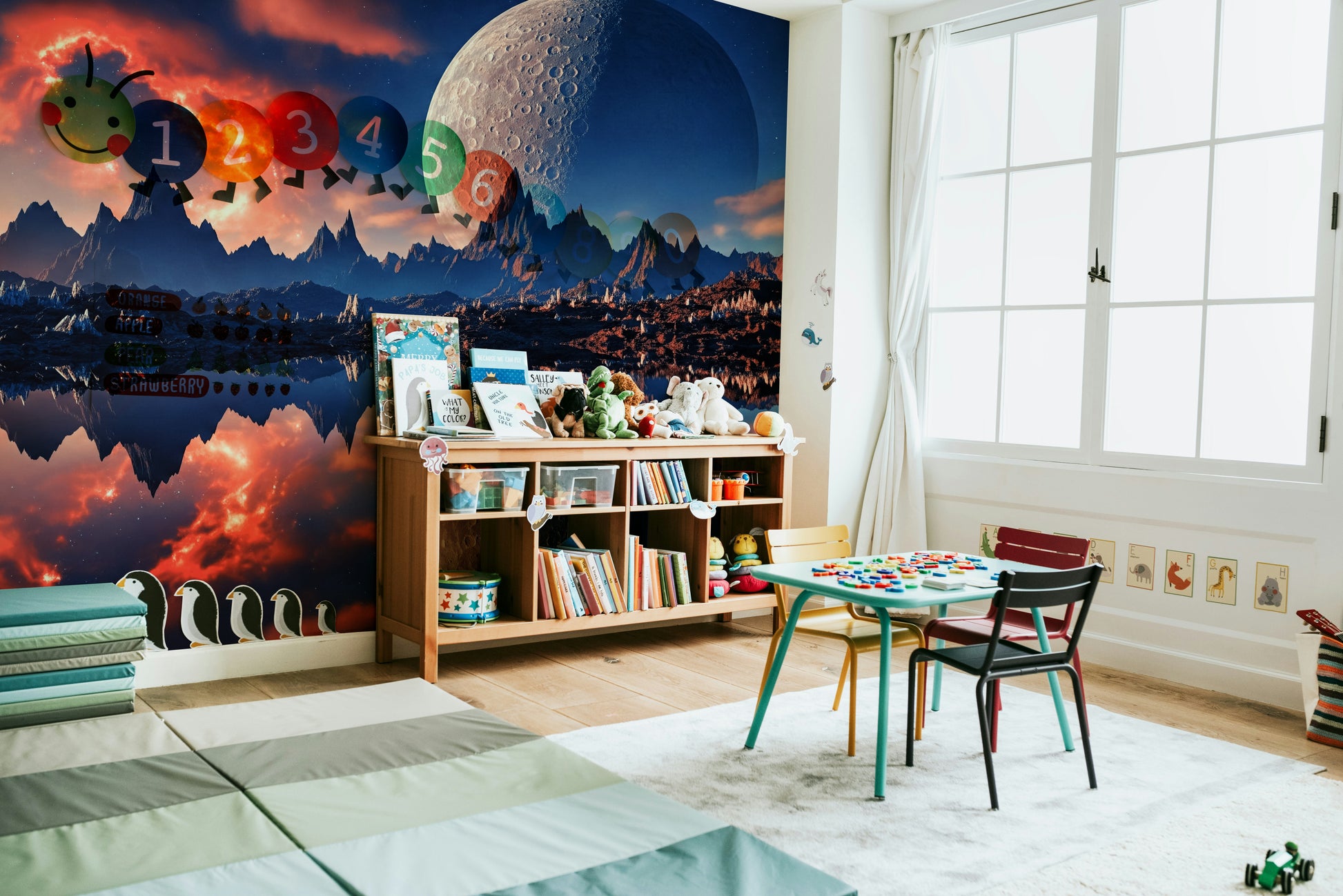 The wallpaper is perfect for a peaceful space.

