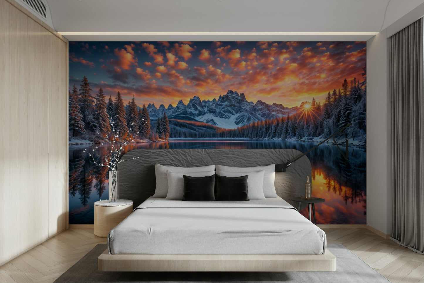 A close-up view shows the fine details of the trees and reflections.

