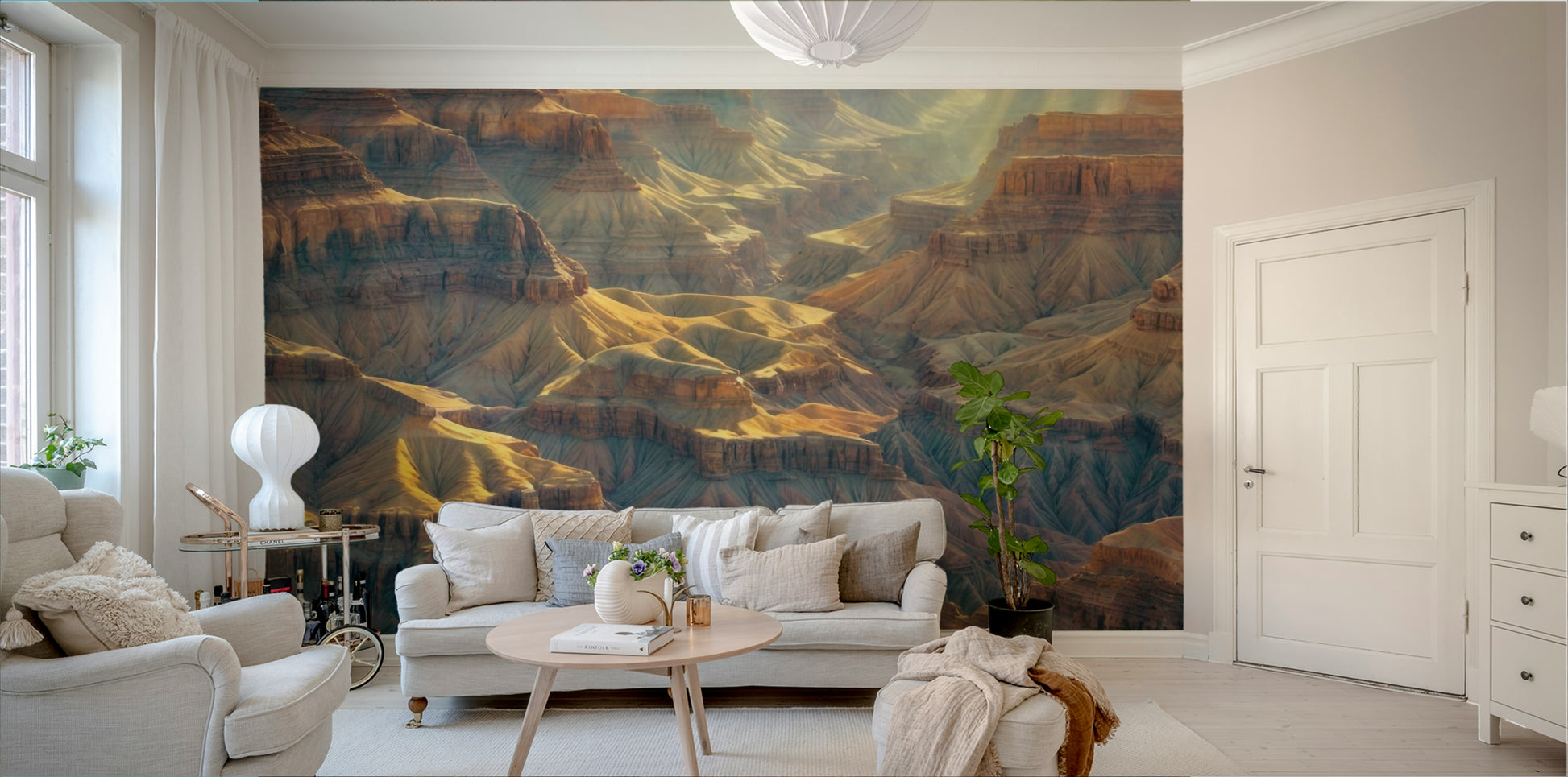 The wallpaper is installed in a formal, elegant living room.

