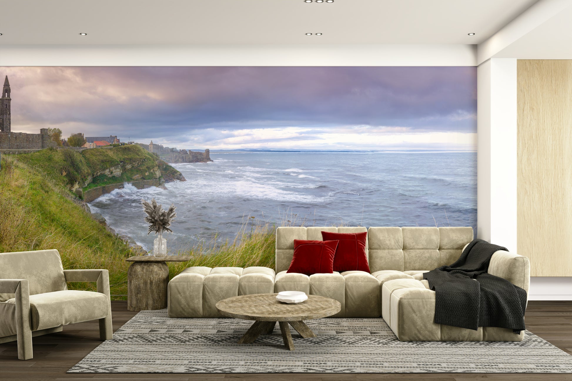 A close-up of the ancient ruins and rugged coast.

