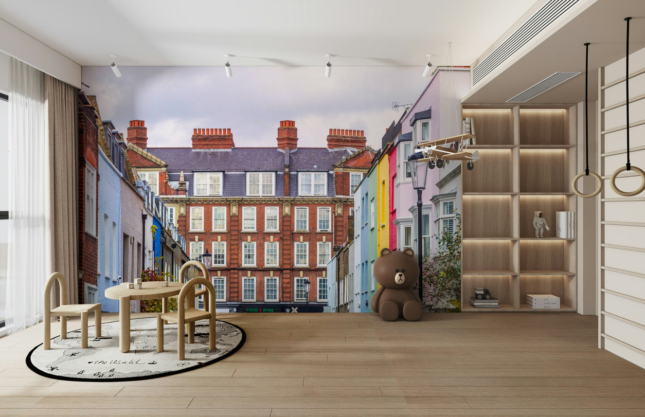 Wall mural of a London cityscape.

