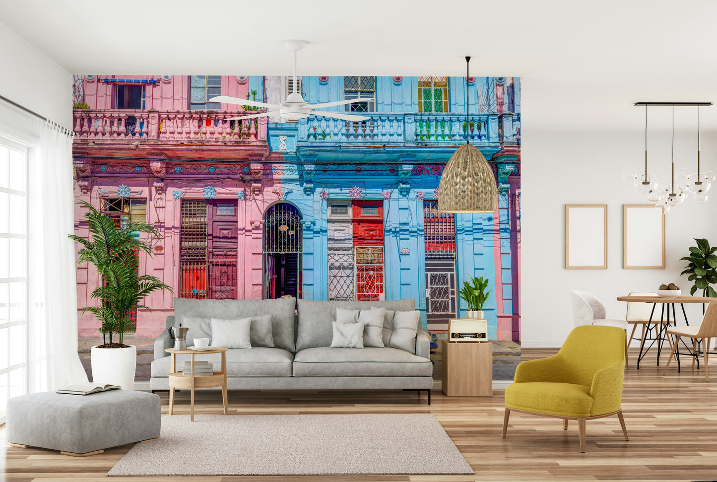 The wall art combines historical architecture with a lively city scene.

