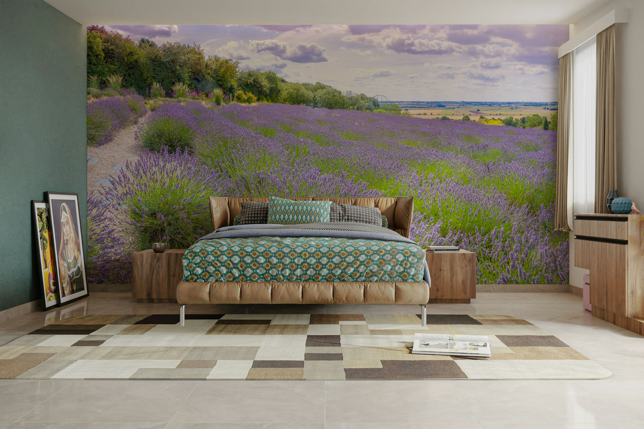 Wall mural with lavender blooms.

