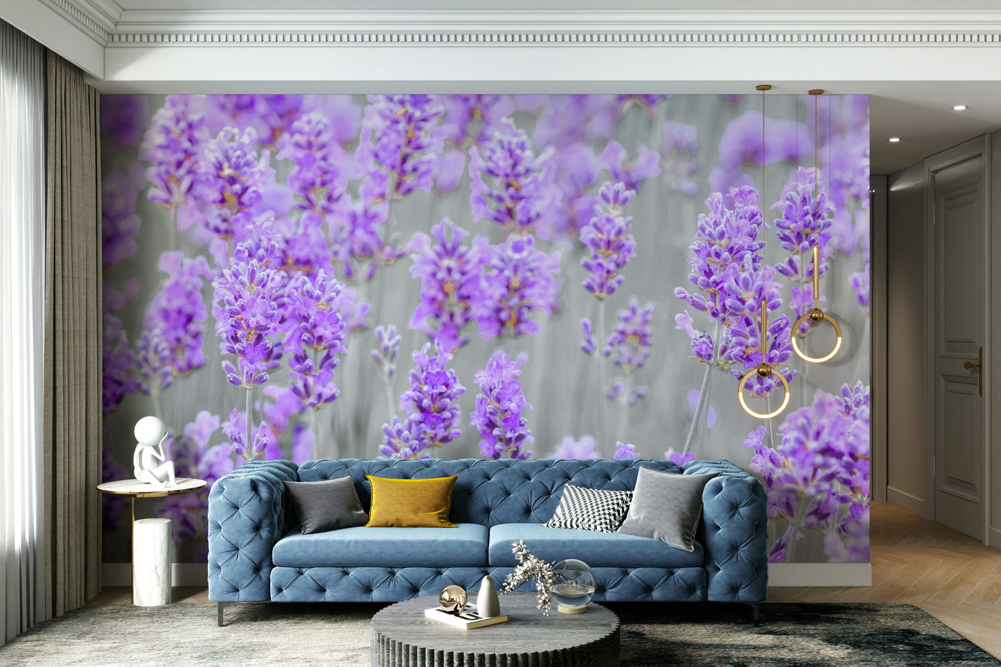 Wall mural with lavender blooms.

