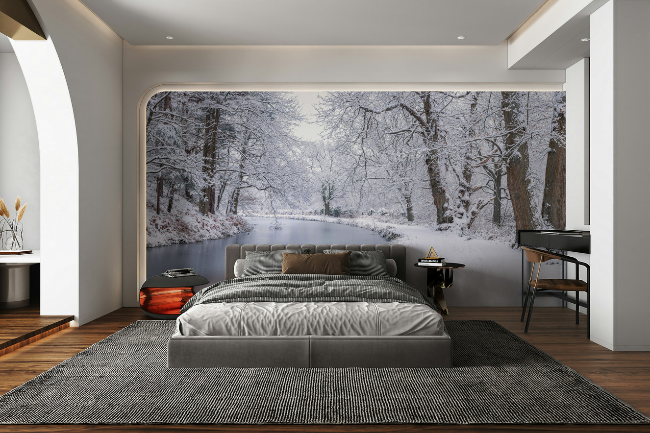 Wall mural of a snowy canal scene.

