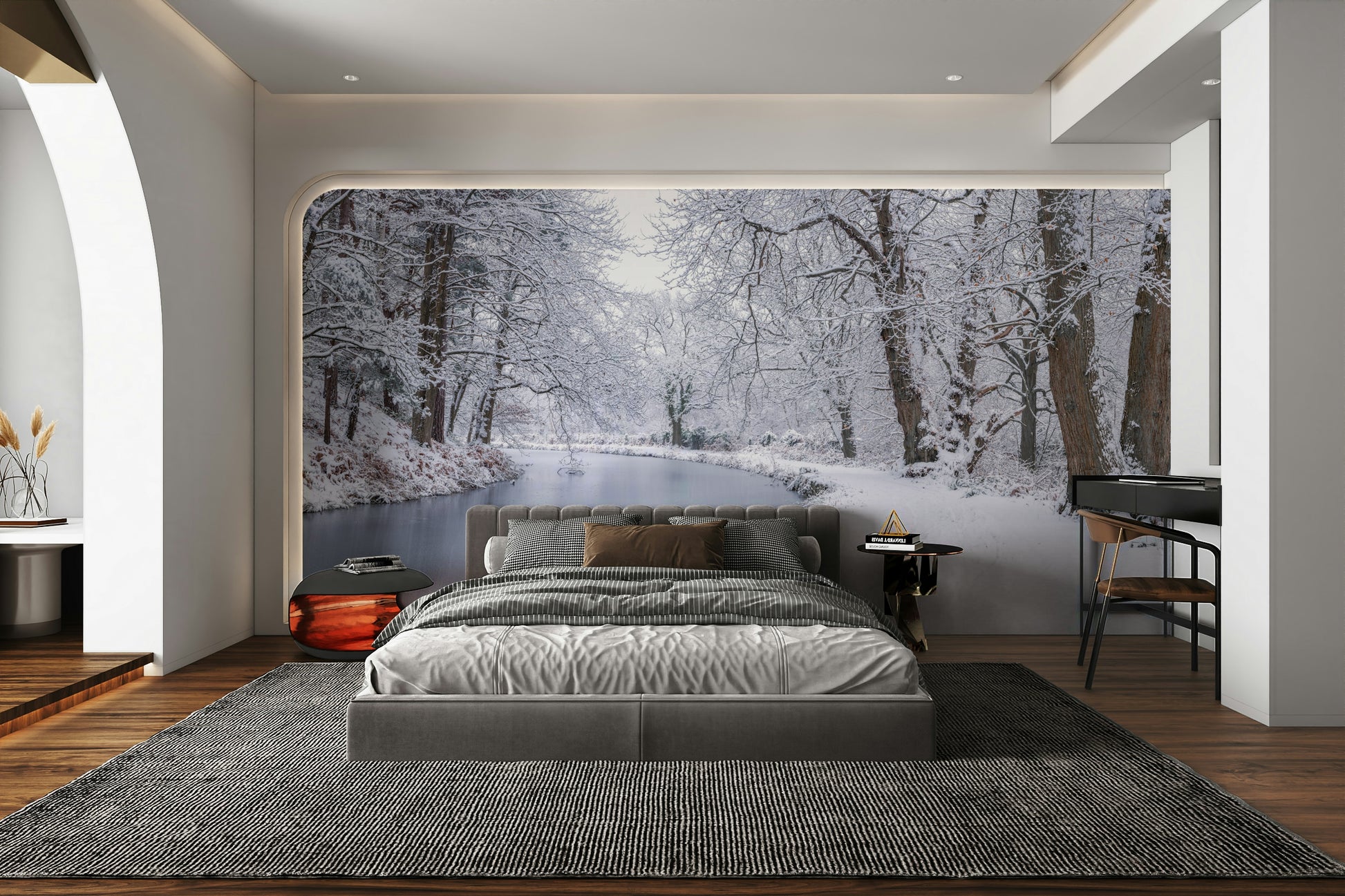 Wall mural of a snowy canal scene.

