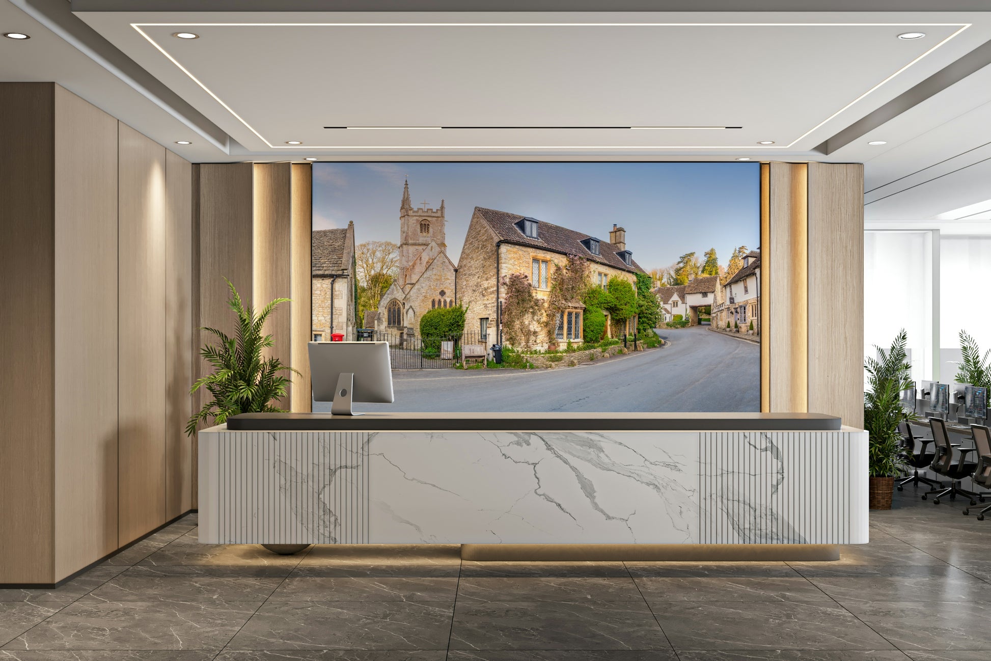 The wall art combines a historical theme with a serene setting.

