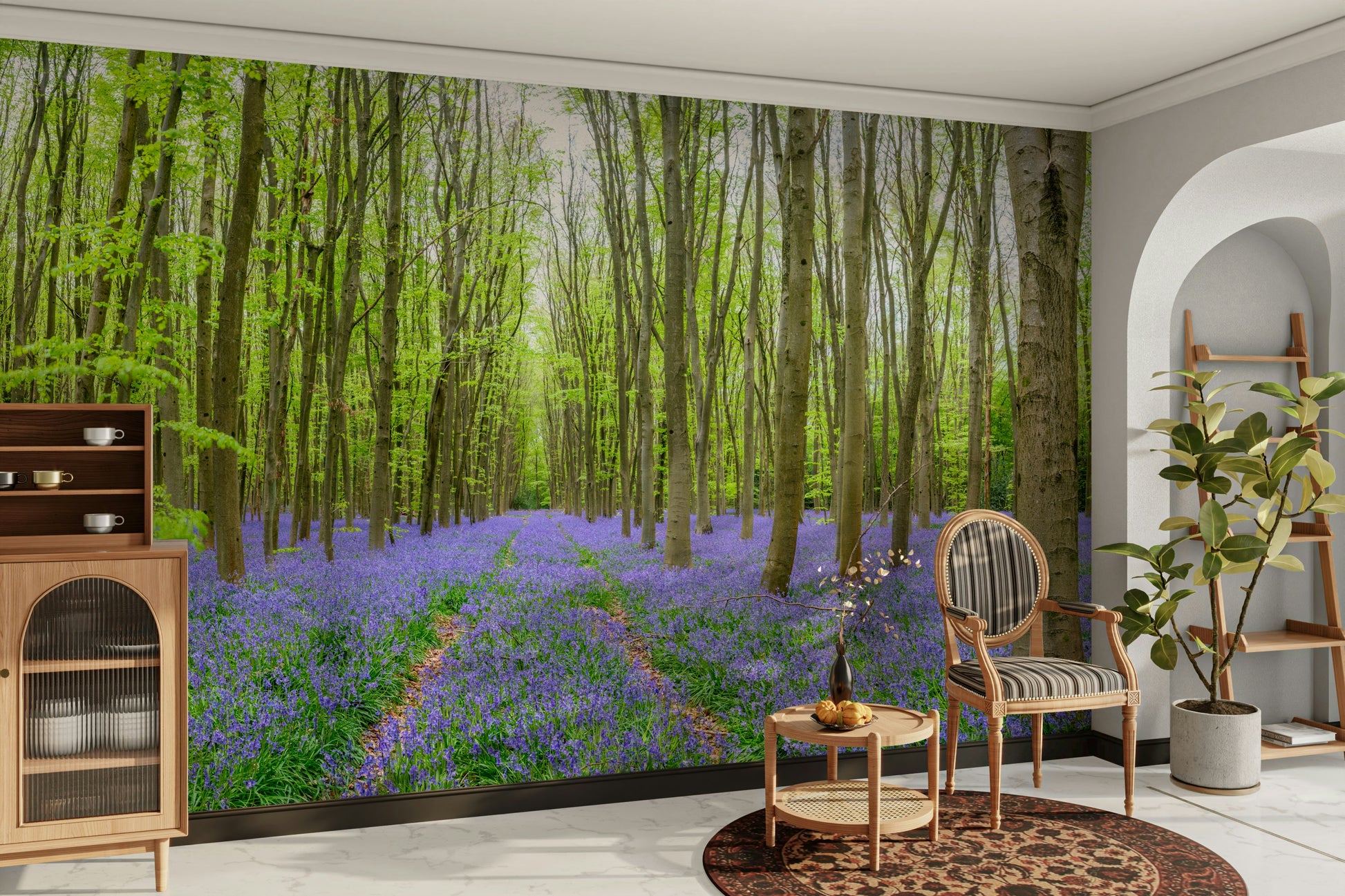 A close-up of the delicate bluebells and trees.

