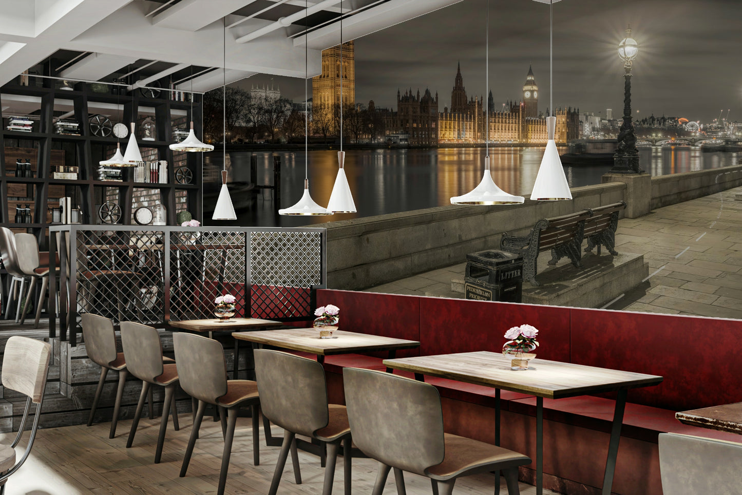 The wall art combines historical architecture with a modern city.

