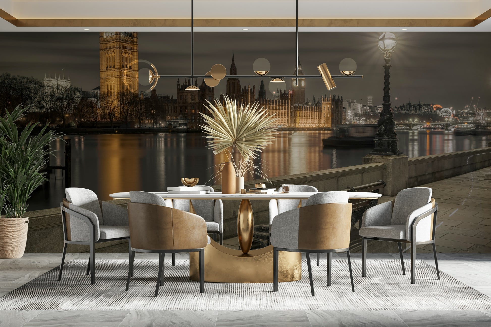 The mural shows a panoramic view of Big Ben and the Thames River.

