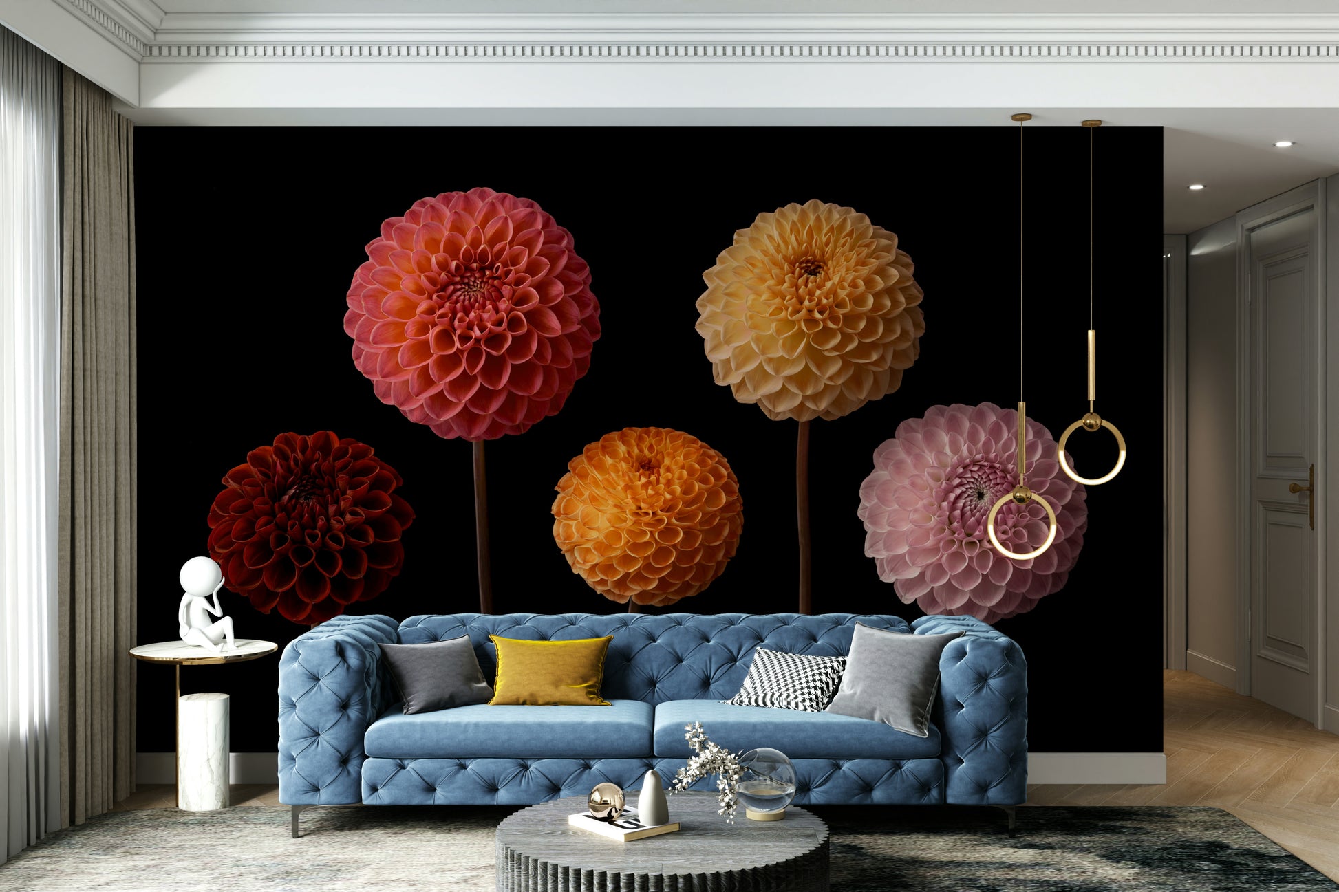 The wall art combines a floral theme with a dramatic backdrop.

