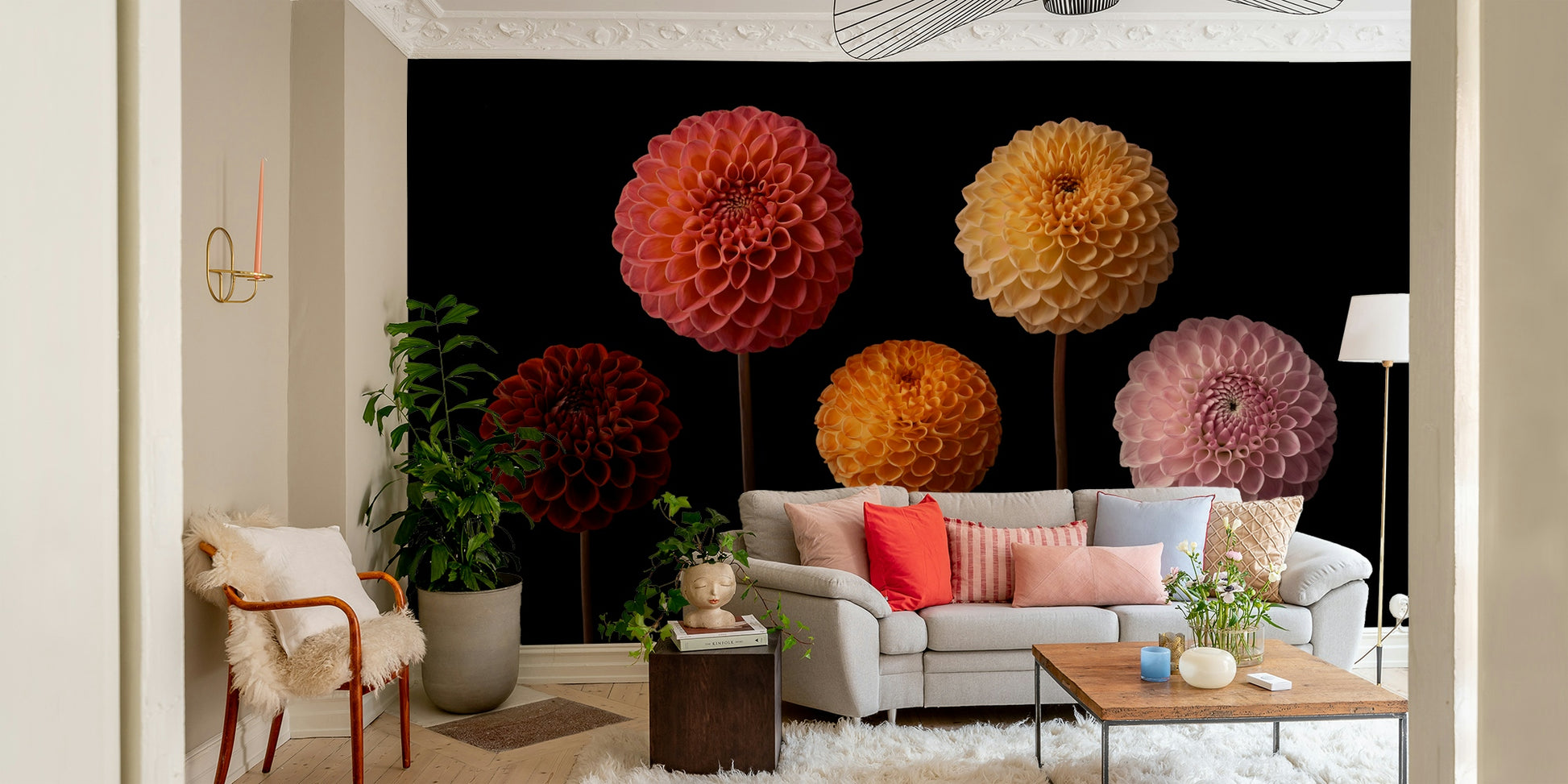 The mural shows five colorful dahlia blooms.

