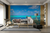 The mural shows a peaceful ocean scene.

