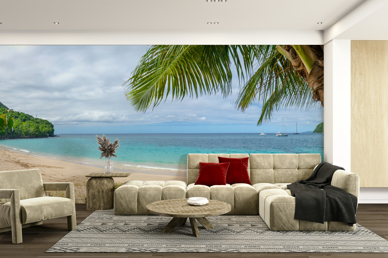 Wall mural with emerald waters and a white sandy beach.

