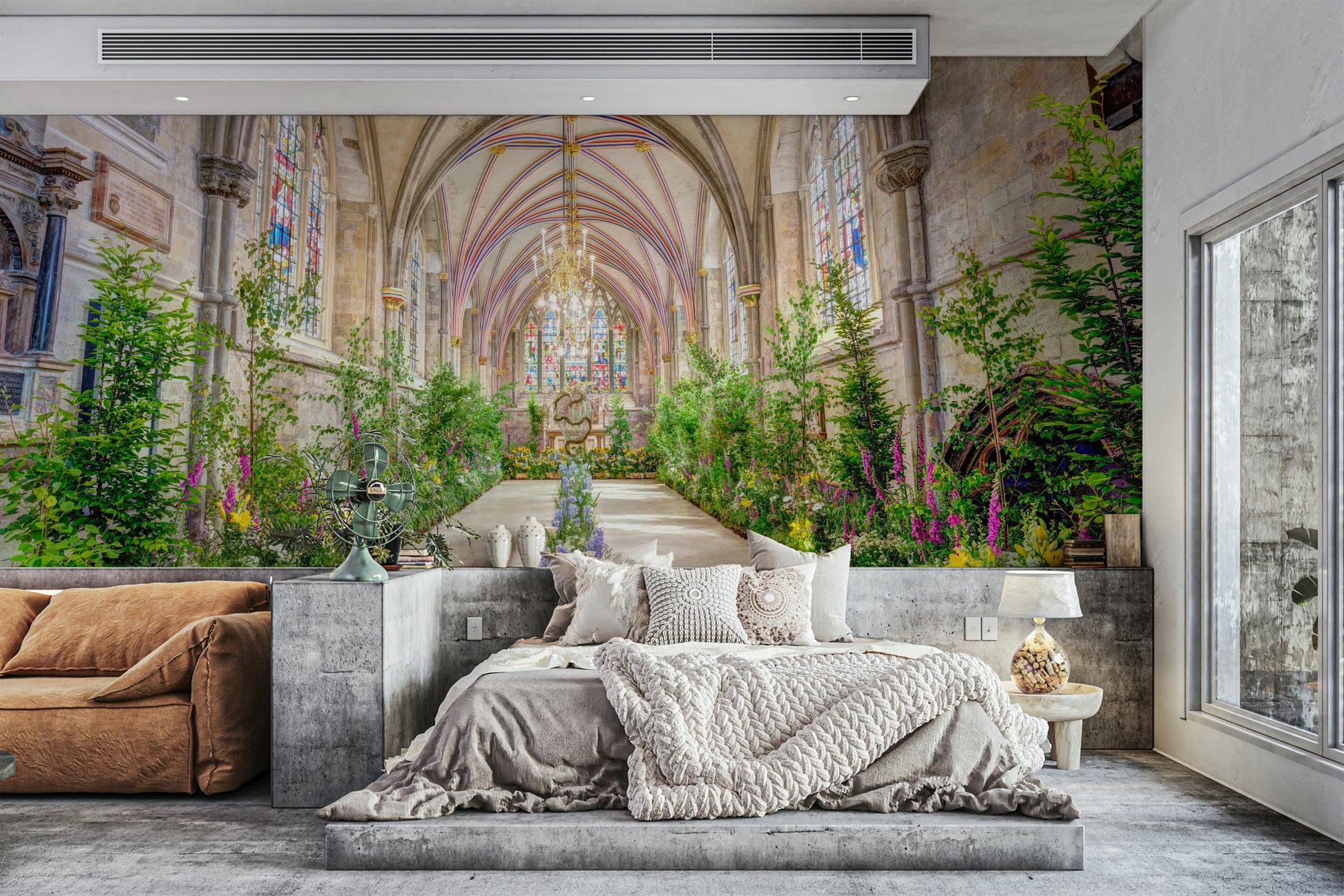 The mural shows a long cathedral nave with vaulted ceilings.

