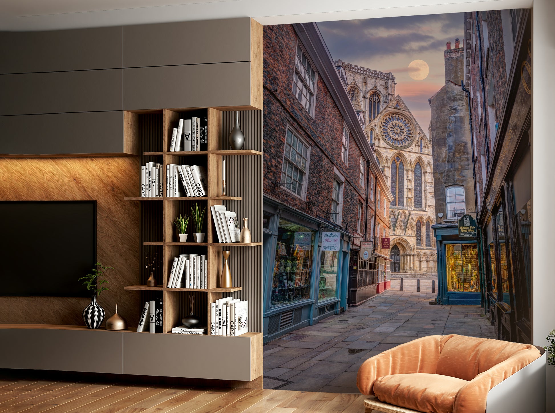 The wallpaper is perfect for a peaceful space.

