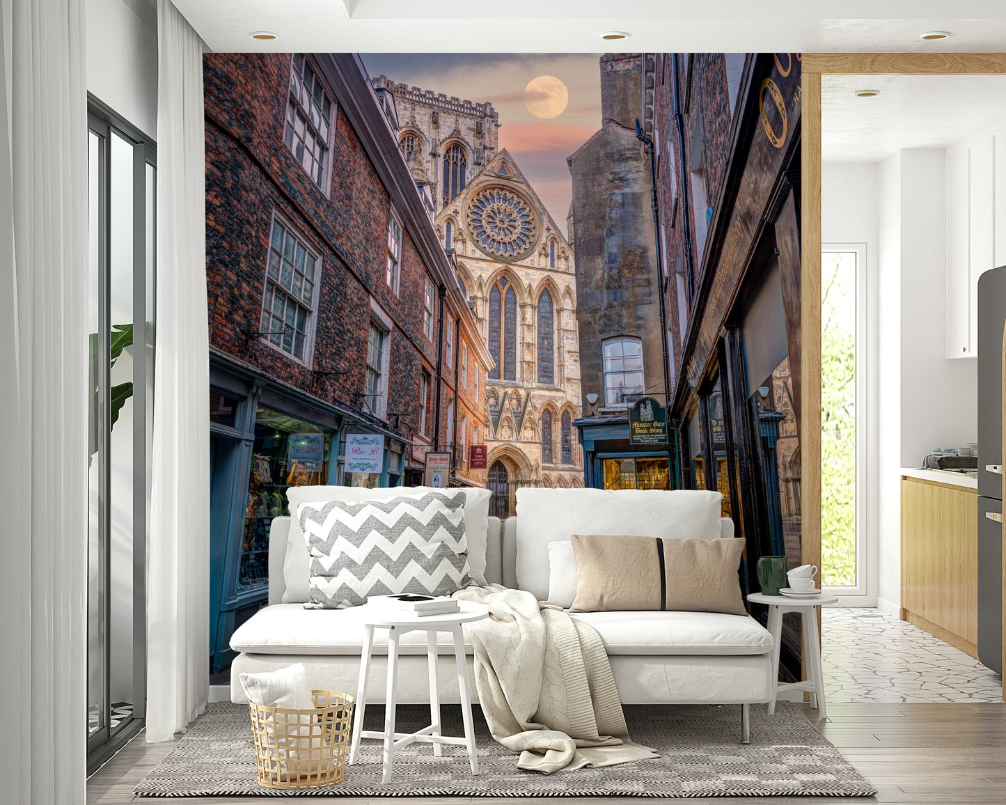 Wall mural with a moon over a charming street.

